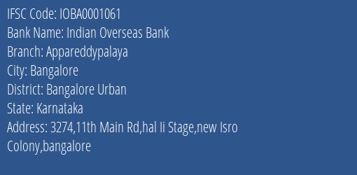 Indian Overseas Bank Appareddypalaya Branch Bangalore Urban IFSC Code IOBA0001061