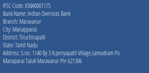 Indian Overseas Bank Maravanur Branch, Branch Code 001175 & IFSC Code Ioba0001175