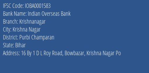 Indian Overseas Bank Krishnanagar Branch, Branch Code 001583 & IFSC Code Ioba0001583