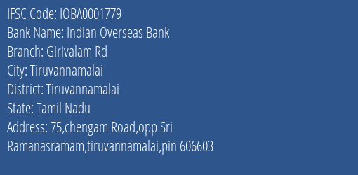Indian Overseas Bank Girivalam Rd Branch Tiruvannamalai IFSC Code IOBA0001779