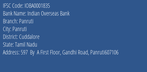 Indian Overseas Bank Panruti Branch Cuddalore IFSC Code IOBA0001835