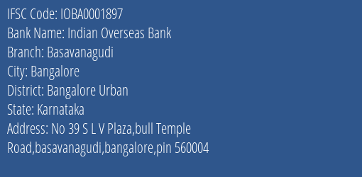Indian Overseas Bank Basavanagudi Branch Bangalore Urban IFSC Code IOBA0001897