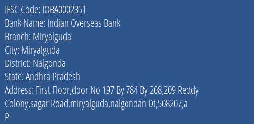 Indian Overseas Bank Miryalguda Branch Nalgonda IFSC Code IOBA0002351