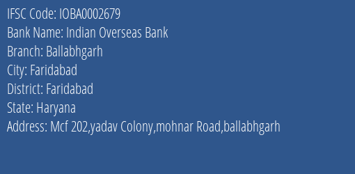 Indian Overseas Bank Ballabhgarh Branch Faridabad IFSC Code IOBA0002679