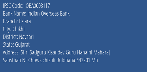 Indian Overseas Bank Eklara Branch Navsari IFSC Code IOBA0003117