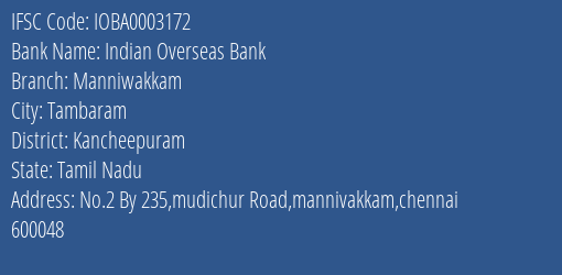 Indian Overseas Bank Manniwakkam Branch Kancheepuram IFSC Code IOBA0003172