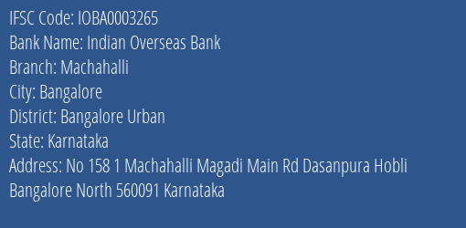 Indian Overseas Bank Machahalli Branch Bangalore Urban IFSC Code IOBA0003265