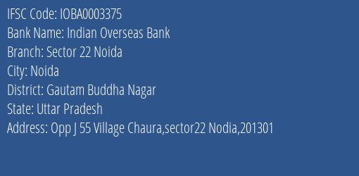 Indian Overseas Bank Sector 22 Noida Branch Gautam Buddha Nagar IFSC Code IOBA0003375
