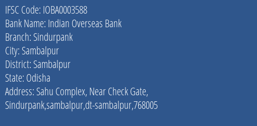 Indian Overseas Bank Sindurpank Branch, Branch Code 003588 & IFSC Code IOBA0003588