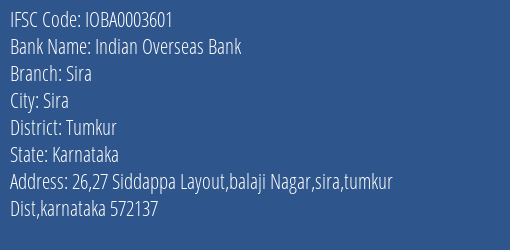 Indian Overseas Bank Sira Branch Tumkur IFSC Code IOBA0003601