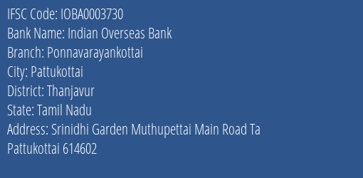 Indian Overseas Bank Ponnavarayankottai Branch Thanjavur IFSC Code IOBA0003730