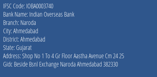 Indian Overseas Bank Naroda Branch Ahmedabad IFSC Code IOBA0003740