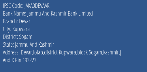 Jammu And Kashmir Bank Devar Branch Sogam IFSC Code JAKA0DEVAAR