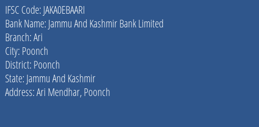 Jammu And Kashmir Bank Ari Branch Poonch IFSC Code JAKA0EBAARI