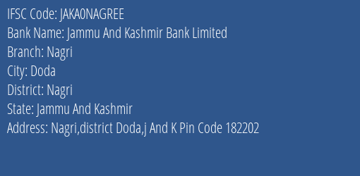 Jammu And Kashmir Bank Nagri Branch Nagri IFSC Code JAKA0NAGREE