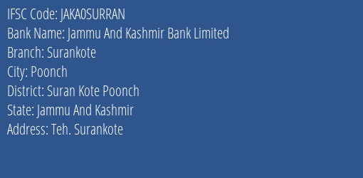 Jammu And Kashmir Bank Surankote Branch Suran Kote Poonch IFSC Code JAKA0SURRAN