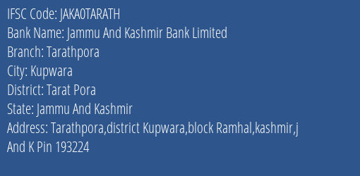 Jammu And Kashmir Bank Tarathpora Branch Tarat Pora IFSC Code JAKA0TARATH