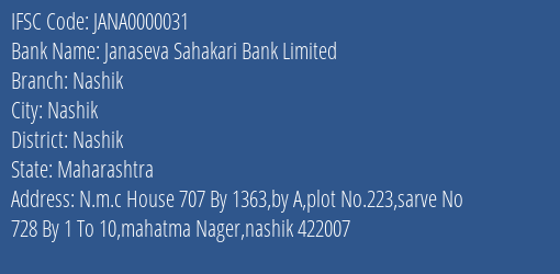 Janaseva Sahakari Bank Nashik Branch Nashik IFSC Code JANA0000031