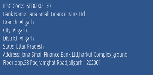 Jana Small Finance Bank Ltd Aligarh Branch, Branch Code 003130 & IFSC Code JSFB0003130