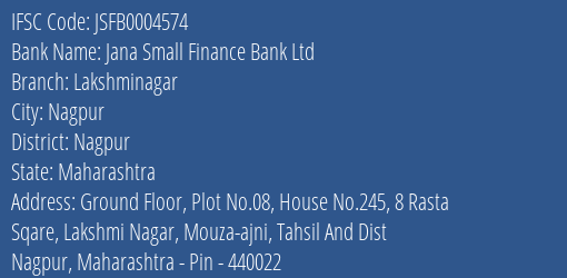 Jana Small Finance Bank Ltd Lakshminagar Branch, Branch Code 004574 & IFSC Code JSFB0004574