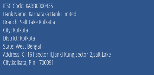 Karnataka Bank Salt Lake Kolkatta Branch Kolkota IFSC Code KARB0000435
