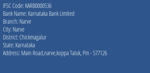 Karnataka Bank Narve Branch Chickmagalur IFSC Code KARB0000536