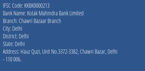 Kotak Mahindra Bank Chawri Bazaar Branch Branch Delhi IFSC Code KKBK0000213