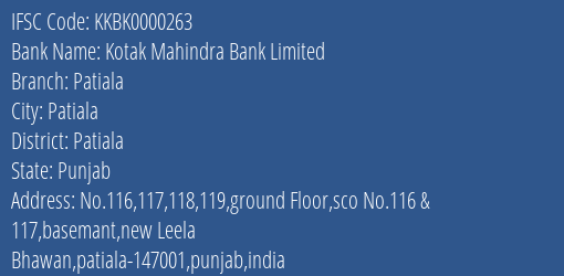 Kotak Mahindra Bank Patiala Branch Patiala IFSC Code KKBK0000263