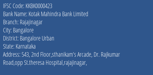 Kotak Mahindra Bank Rajajinagar Branch Bangalore Urban IFSC Code KKBK0000423