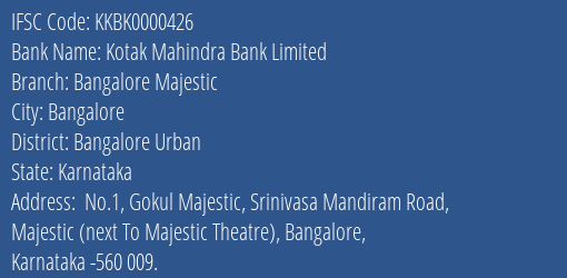 Kotak Mahindra Bank Bangalore Majestic Branch Bangalore Urban IFSC Code KKBK0000426