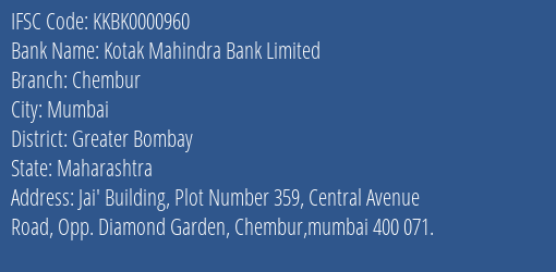 Kotak Mahindra Bank Chembur Branch Greater Bombay IFSC Code KKBK0000960