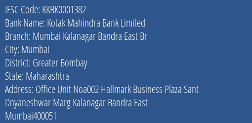 Kotak Mahindra Bank Mumbai Kalanagar Bandra East Br Branch Greater Bombay IFSC Code KKBK0001382