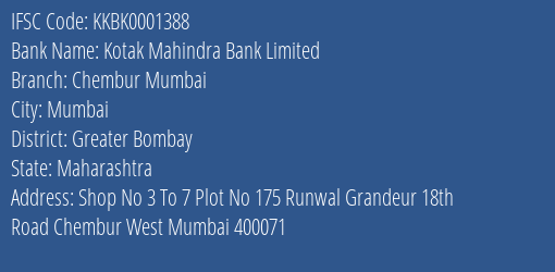 Kotak Mahindra Bank Chembur Mumbai Branch Greater Bombay IFSC Code KKBK0001388