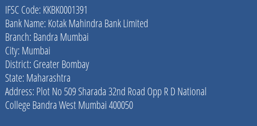 Kotak Mahindra Bank Bandra Mumbai Branch Greater Bombay IFSC Code KKBK0001391