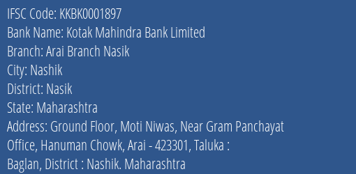 Kotak Mahindra Bank Arai Branch Nasik Branch Nasik IFSC Code KKBK0001897
