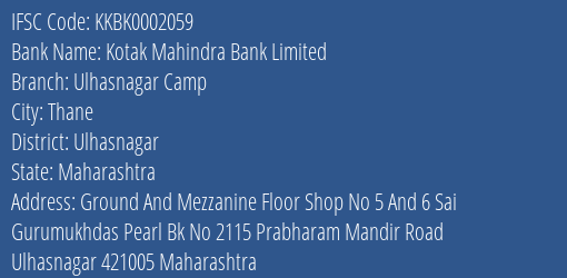Kotak Mahindra Bank Ulhasnagar Camp Branch Ulhasnagar IFSC Code KKBK0002059