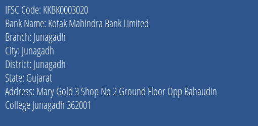 Kotak Mahindra Bank Junagadh Branch Junagadh IFSC Code KKBK0003020