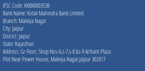 Kotak Mahindra Bank Malviya Nagar Branch Jaipur IFSC Code KKBK0003538