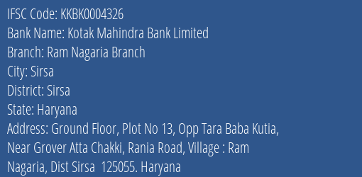Kotak Mahindra Bank Ram Nagaria Branch Branch Sirsa IFSC Code KKBK0004326