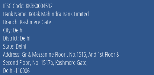 Kotak Mahindra Bank Kashmere Gate Branch Delhi IFSC Code KKBK0004592