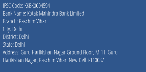 Kotak Mahindra Bank Paschim Vihar Branch Delhi IFSC Code KKBK0004594