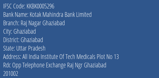 Kotak Mahindra Bank Raj Nagar Ghaziabad Branch Ghaziabad IFSC Code KKBK0005296