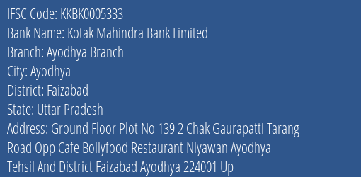 Kotak Mahindra Bank Ayodhya Branch Branch Faizabad IFSC Code KKBK0005333
