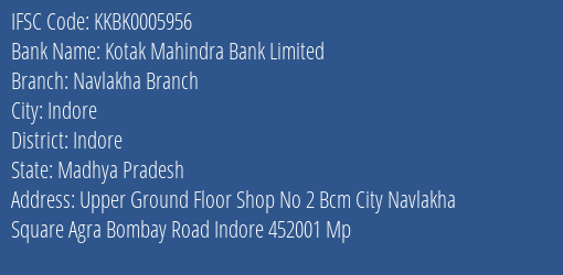 Kotak Mahindra Bank Navlakha Branch Branch Indore IFSC Code KKBK0005956