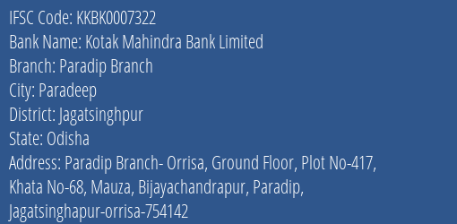 Kotak Mahindra Bank Paradip Branch Branch Jagatsinghpur IFSC Code KKBK0007322