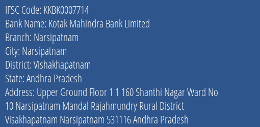 Kotak Mahindra Bank Narsipatnam Branch Vishakhapatnam IFSC Code KKBK0007714