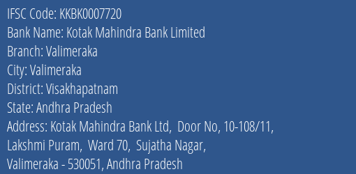 Kotak Mahindra Bank Valimeraka Branch Visakhapatnam IFSC Code KKBK0007720