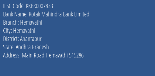 Kotak Mahindra Bank Hemavathi Branch Anantapur IFSC Code KKBK0007833