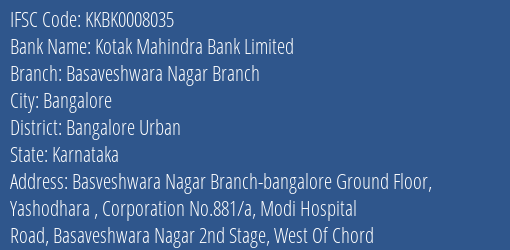 Kotak Mahindra Bank Limited Basaveshwara Nagar Branch Branch, Branch Code 008035 & IFSC Code Kkbk0008035