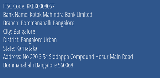 Kotak Mahindra Bank Limited Bommanahalli Bangalore Branch, Branch Code 008057 & IFSC Code Kkbk0008057